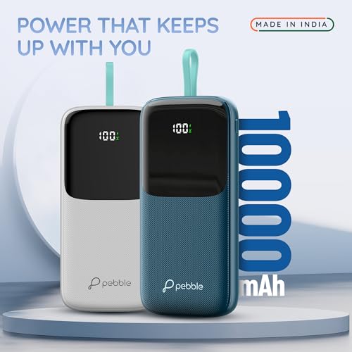 Image of Pebble Rapid Electra10 Power Bank |10000mAh, 22.5W Ultra Fast Charging | Digital Display | Built-in Cable | Type-C & USB-A Ports Compatible with Android Phones & iOS Devices | Pocket Size - Blue