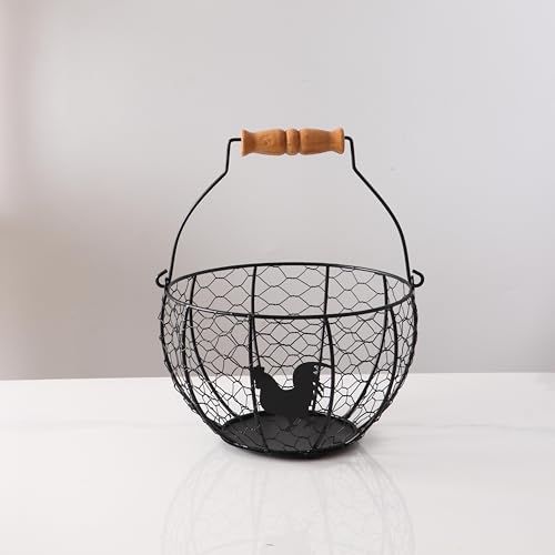 Fresh Eggs Collecting Basket With Handle，Vintage Style Metal Wire Eggs Holder Basket for Countertop Kitchen Storage Bin