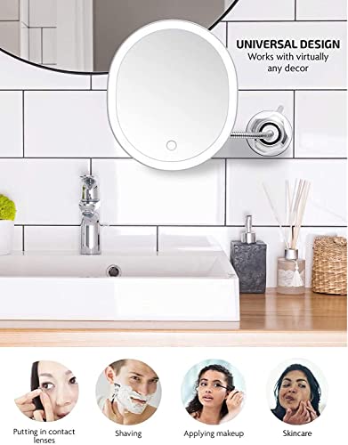 Image of OVENTE 9'' Rechargeable Lighted Wall Mount Bathroom Mirror, White MOW22W | Touch Screen Dimmable LED Lights, Includes Mini Magnetic 10X Magnifier, Flexible Gooseneck, Suction Mount and Micro USB Cable