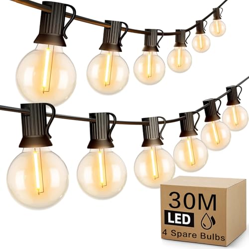 30M G40 LED Outdoor Festoon String Lights with 50+4 Shatterproof Bulbs, Waterproof & Linkable Up to 120M – Patio, Garden, Party, Christmas Lighting