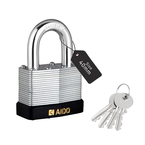 Image of AIDO 40mm Laminated Steel Padlock | Heavy Duty Waterproof Multipurpose Lock for Home, Gates, Shutters, Shops, Warehouses & Trucks | Hardened Shackle, Rust Resistant | 4 Keys | 2 Yr Warranty