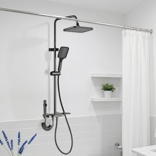 Kinhoou Enhanced Shower Riser Rail Kit Contemporary Thermostatic Mixer with Dual Heads Adjustable Square Overhead Rainfall and Handheld Dispenser for Bathroom - Image 6