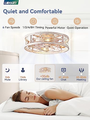 LEDIARY Caged Ceiling Fans With Lights Remote Control White, 20 Inch Flush Mount Ceiling Fan Small, Bladeless Low Profile Ceiling Fan Light Fixture For Bedroom, Kitchen, Dining Room - Image 2