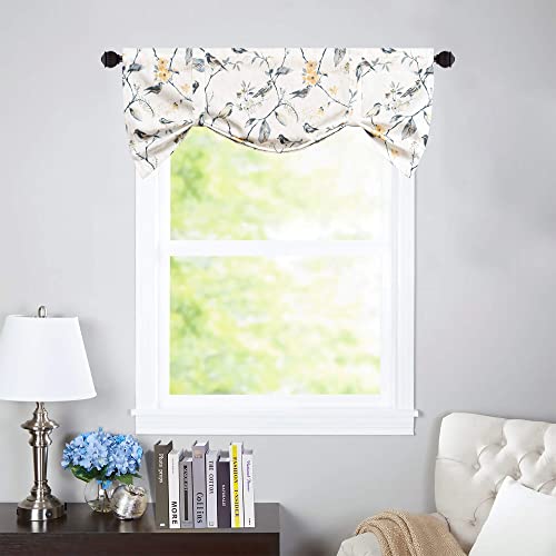 Vogol Tie Up Valances For Kitchen Windows, Gray Birds And Floral Print Valance Curtains Rod Pocket Tie Up Shades For Windows, 1 Panel, 52X18 #TOP1