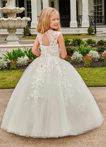 POMUYOO Lace Flower Girls Dresses for Wedding Long Princess Pageant Dresses Kids Prom Puffy Tulle Ball Gown YG2312