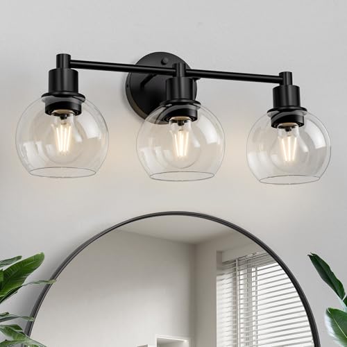 Image of 3 Lights Bathroom Vanity Light Fixtures Black, Bathroom Lights Over Mirror, Industrial and Farmhouse 3 Lights Wall Sconce, Matte Black Globe Vanity Lighting Fixtures