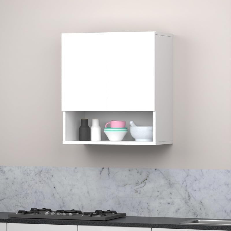 Image of 2 Door Multipurpose Wall Mounted Cabinet with Adjustable & Fixed Shelf | Storage for Kitchen, Bathroom, Office & Living Room | Assembly-DIY | Color-White | Size-60x33x63.8 Cm