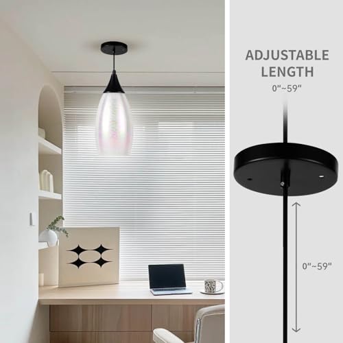 Porseme Pendant Light Features Kitchen Island Hanging Lamp with Adjustable Black Cord Handcraft Art Glass Shade E26 Socket for Home Kitchen Sink Counter Make-up Table (White) — view 4
