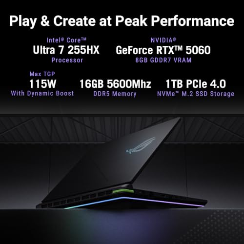 Image of ASUS ROG Strix G16 (2026),Intel Core Ultra 7 255HX (Series 2),RTX 5060-8GB,16GB RAM (Upgradeable),1TB SSD,FHD+,16 inch(40 cm),300Hz,Win 11,M365 Basic(1Y),Office 24,Gray,2.6 Kg,G615LM-TS268WS,Gaming Laptop