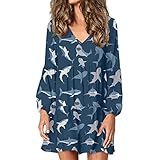 Biyejit Cartoon Sea Shark Print Casual Dress for Women Long Sleeve V-Neck Dresses Work Party Flowy Swing Dress Teacher Clothes Size S-4XL