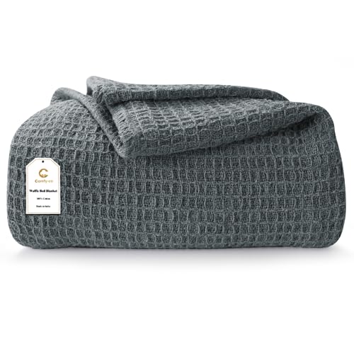 Comfy-co 100% Cotton Waffle Weave Blanket Queen Size 90"x90" - Lightweight Washed Soft Breathable Blanket for All Season - 405 GSM Quality - Perfect Blanket Layer for Couch Bed Sofa - Dark Grey