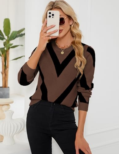 Image of Libsorge Womens Dressy Casual Color Block Striped Sweater Fall 2025 Trendy Outfits Lightweight Ribbed Knit Pullover Top