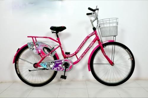 Image of App-Grow Lyra 26-inch Girls Bicycle, Pink Cruiser with Front Basket, Floral Design Pattern, Single Speed