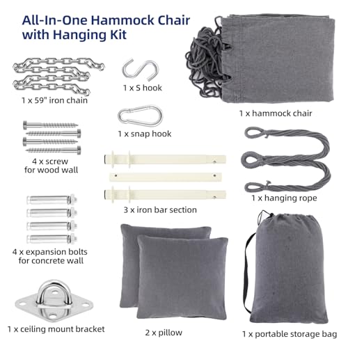 Ohuhu Hängesessel mit 2 Kissen und Deckenhaken-Kit, Hängesessel Outdoor XL Hängestuhl bis 150 kg für Erwachsene & Mädchen, Hängesitz Aufhängung Indoor Outdoor Schlafzimmer und Garten, Anthrazit