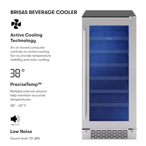 Image of Zephyr Brisas 15 Inch Slim Beverage Fridge Single Zone Under Counter - Narrow Mini Wine & Drink Cooler Small Cabinet Wine Refrigerator Home Bar Freestanding with Glass Door - 4 Bottles, 64 Cans