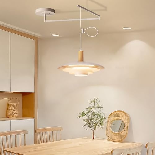 Lustre îlot de cuisine réglable blanc et bois rotation 350°