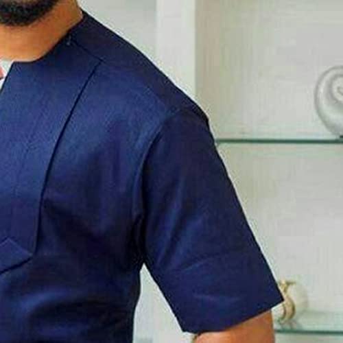 Men's African Outfit 2 Piece Set Short Sleeve Shirt and Pants Traditional Suit Round Neck Slim Fit Tops (Color : Blue, Size : Large)3