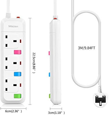 Mscien 3M Extension Lead Surge Protection 3 Way Individually Switched Power Strip With 3 Meter Extension Cord 2500W/10A3 Gang-3M Cord