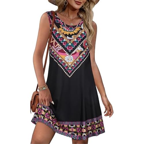 Summer Dresses for Women Beach Boho Sleeveless Vintage Floral Flowy Pocket Tshirt Tank Sundresses 2026 Small Black Boho Floral
