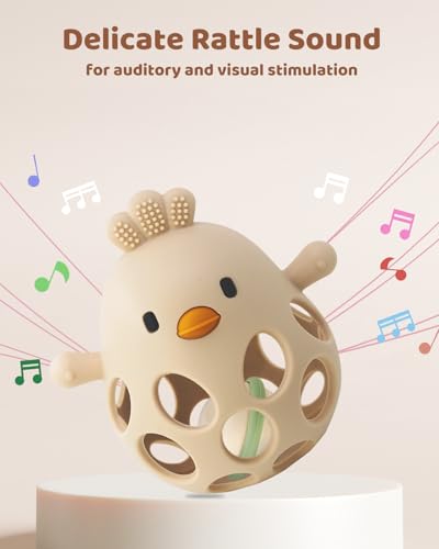 Image of Baby Teething Chick Toy, Upgraded Easy Grasp Silicone Teething Rattle Ball Toy for Babies Over 3 Months, 100% Food Grade, Gift for Infant Boys and Girls 0-6-12 Months (Beige)