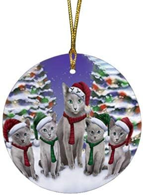 Let It Snow Russian Blue Cat Round Flat Ornament - Pet Decorative Hanging Ornaments for Christmas X-mas Tree Decorations - 2.75" Round Ceramic Christmas Ornament POR1522