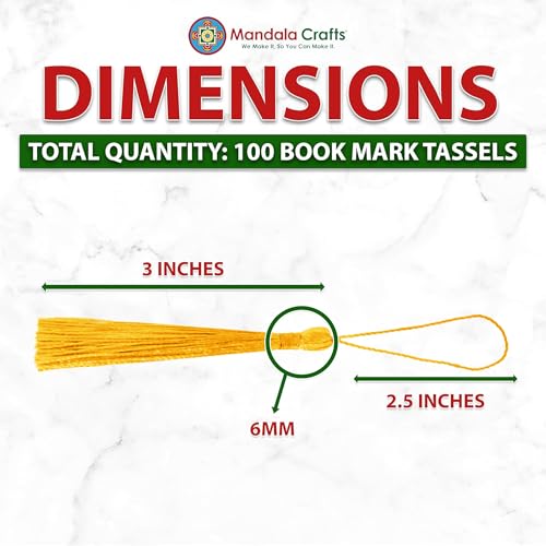 Image of Mandala Crafts Small Mustard Yellow Bookmark Tassels - 100 Bulk Silky Mini Craft Tassels with Loops for Bookmarks, Jewelry Making, Graduation Decorations, and Keychains