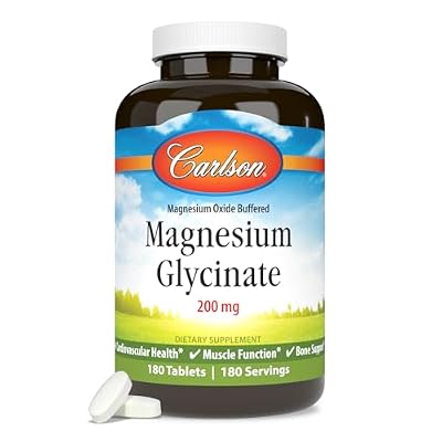 Carlson Buffered Magnesium Glycinate 200 mg, High Absorption Magnesium Supplement, Supports Relaxation, Sleep & Muscle Function, 180 Tablets