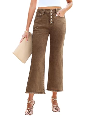 GRAPENT Capri Jeans for Women Trendy High Waisted Wide Leg Flare Button Fly Stretchy Denim Pants Raw Hem Cropped Jeans
