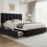 VECELO Full Size Bed Frame with 4 Storage Drawers, Adjustable Height Headboard, Heavy-Duty Platform Bedframe with Strong Wooden Slats, No Box Spring Needed, Black