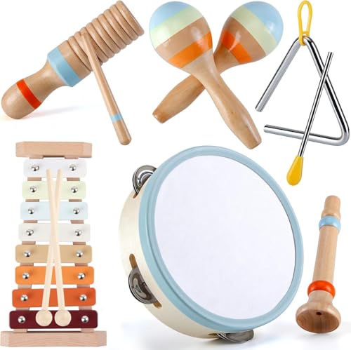 BLIVORRA Baby Musical Instruments Set – Montessori Wooden Music Toys for Toddlers & Kids with Xylophone, Tambourine & More – Boho Percussion Set for Kids Preschool Educational, BPA-Free, Age 1-3