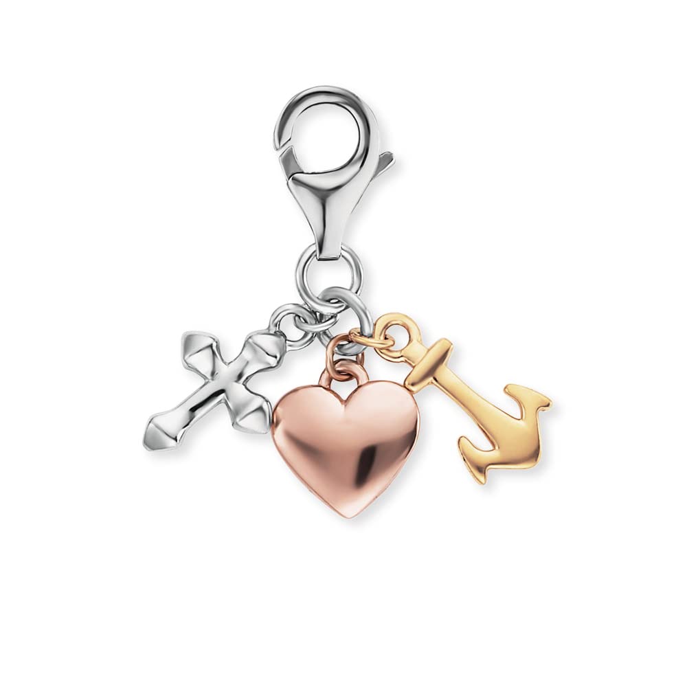 Engelsrufer Charming ERC-FLH-TRICO Rhodium Plated 925 Sterling Silver 3 Different Colour Pendants Heart Anchor Cross Lobster Clasp