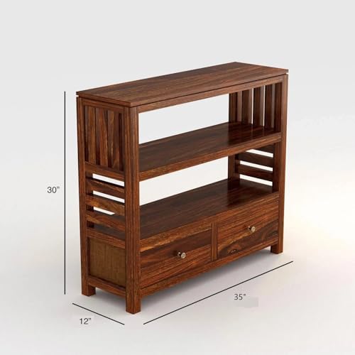 Image of Solid Sheesham Wood Console Table with 2 Drawers & 2 Open Shelf | Wooden Bookshelf Entryway Table for Living Room, Hallway & Bedroom | Fish Tank Display Table for Home Decor | Honey Finish