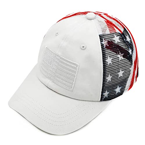 C.C Unisex Adjustable Trucker Baseball Cap Hat, Printed American Flag, White