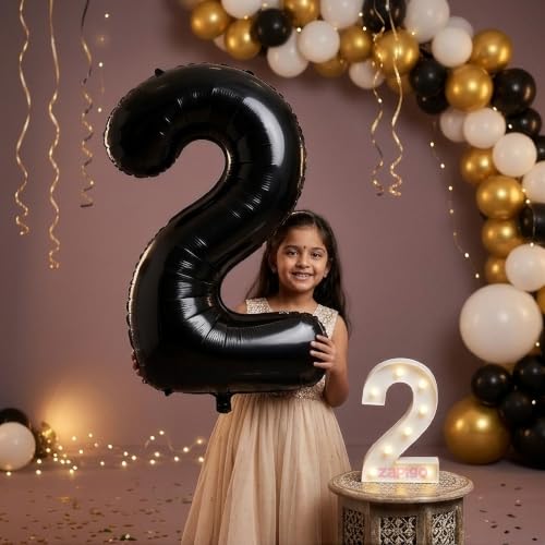Image of Balloonistics Black 40-Inch Foil Number 2 Balloon with Matching LED Marquee Light - Combo Set for 2nd Birthday, Anniversary, Party Decoration, Photo Booth Backdrop, Cake Table Decor