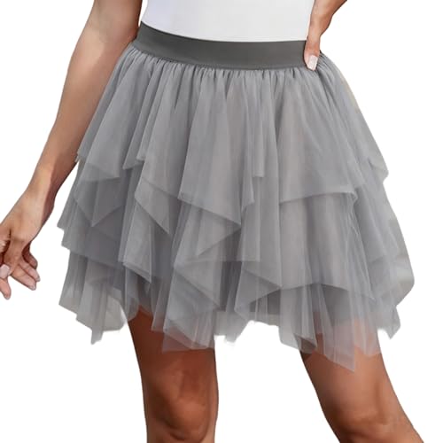 Tulle Skirts for Women 3 Layered High Low Asymmetrical Skirts Midi Length Elastic Waist Skirt Mesh Tutu Skirt Gray