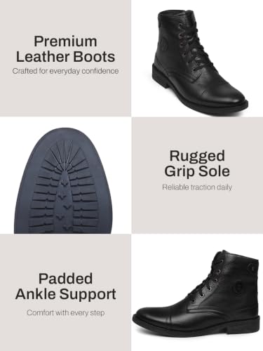 Image of Zoom Shoes Genuine Leather Formal Black Casual Boots for Men ZA-5200 | High ankle shoes with anti-slip technology and memory cushion insole | Lace-up boots for formal and casual footwear