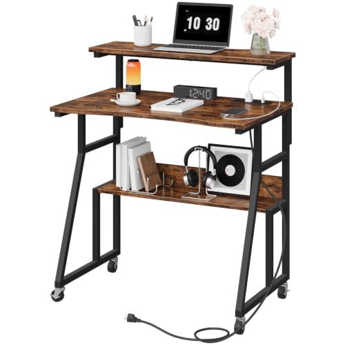 Image of CHOEZON Rolling Computer Desk with Charging Station, 31.5 Inch Mobile Desk with Adjustable Monitor Stand & Storage Shelf, Laptop Table for Home Office, Small Space, Rustic Brown and Black TDN03UBF