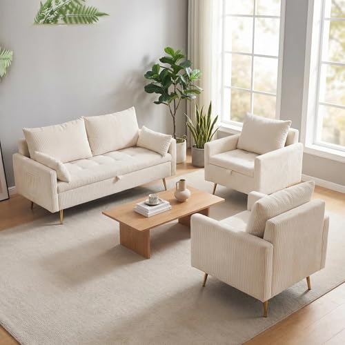 Furnimart 3-Piece Storage Sectional Sofa and Couch Set, Corduroy Loveseat with 2pc Accent Single Chairs, Small Living Room Furniture Set for Apartment, Tiny Homes and Lofts, 3PC-Beige