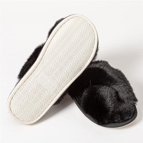 Image of Women's Cross Band Fuzzy Slippers Fluffy Open Toe House Slippers