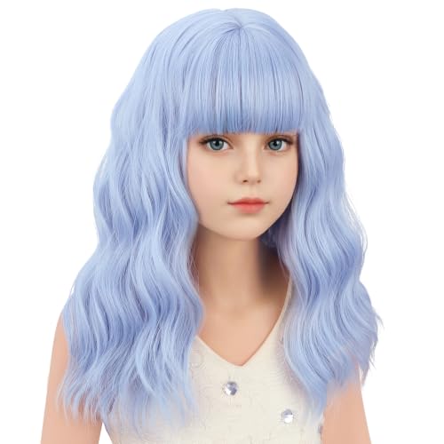 Image of Blue Wig Short Blue Wavy Curly Wigs Wig with Air Bangs Synthetic Cosplay Hair Wigs