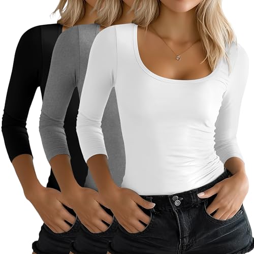 Ficerd 3 Pack Women's 3/4 Sleeve Shirts, Scoop Neck Cotton Slim Fit Tops Soft U Neck Knit Fitted Basic Tees Blouses