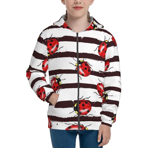 Ladybugs on Black and White Striped1 Kid Hoodies Boys Zip Up Sweatshirts Girls Pullover with Pocket3