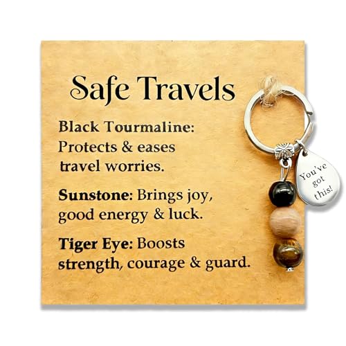 AIKOBAA Safe Travels Crystal Gift Set Travel Protection Keychain with Blessing Card Good Luck Journey Present with Protective Stones Bon Voyage Gift for Travelers