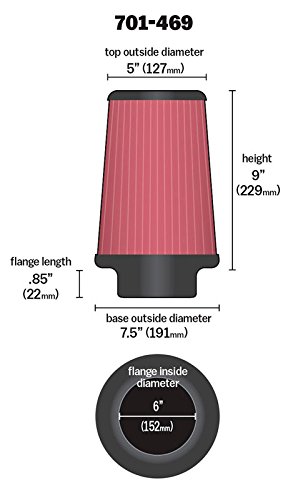 Airaid 701-469 Universal Clamp-On Air Filter: Round Tapered; 6 Inch (152 Mm) Flange Id; 9 Inch (229 Mm) Height; 7.25 Inch (184 Mm) Base; 5 Inch (127 Mm) Top #TOP6