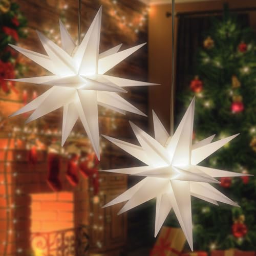 2 Pack 18-Pointed Moravian Star Christmas Lights Decorations with Timing Function, Hanging Outdoor/Indoor Christmas Star Decor (18