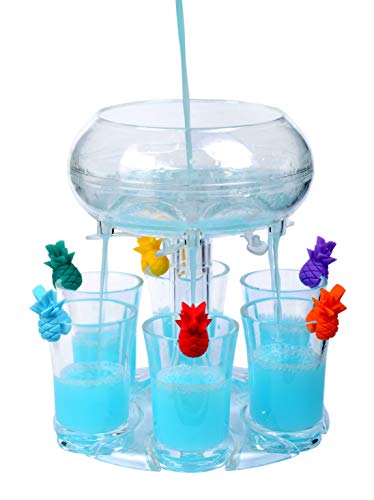 Ktail 6 Shot Glass Dispenser and Holder (including Shot Glass Set of 6 + Silicone Glass Marker Set of 6) - Shot Pourer - 6 Shot Dispenser - Shot Fountain - Birthday Shot Glass - Liquor Dispenser