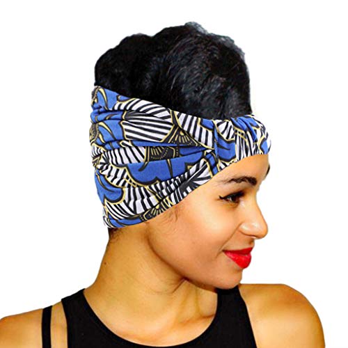 Diadema para mujer con diseño de rayas geométricas y flores africanas Azul azul real Cover