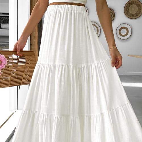 Women’s Summer Boho Elastic High Waist Maxi Skirt Pleated A-Line Flowy Swing Ruffle Tiered Long Beach Skirt Dress4