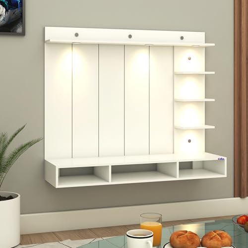 Image of Anikaa Tyron Engineered Wood Wall-Mount TV Unit with PVC Back Panel & LED Lights | TV Cabinet with Storage Box & Decorative Shelves (White) | Ideal for TVs up to 55 Inch | DIY Installation