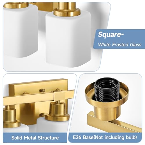 Image of Brushed Gold Bathroom Vanity Light,5-Light Bathroom Light Fixtures with Square Frosted Glass,Gold Bathroom Wall Lamp Sconces for Mirror Bedroom,Living Room Hallway,E26